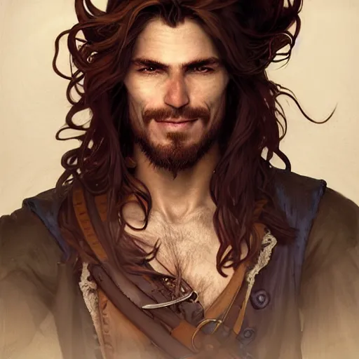 Image similar to portrait of a young ruggedly handsome but joyful pirate, male, masculine, upper body, deep crimson hair, long hair, d & d, fantasy, roguish smirk, intricate, elegant, highly detailed, digital painting, artstation, concept art, matte, sharp focus, illustration, art by artgerm and greg rutkowski and alphonse mucha