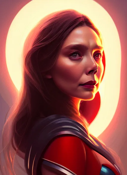 Image similar to portrait of modern darna, elizabeth olsen, intricate, elegant, glowing lights, highly detailed, digital painting, artstation, glamor pose, concept art, smooth, sharp focus, illustration, art by wlop, mars ravelo and greg rutkowski