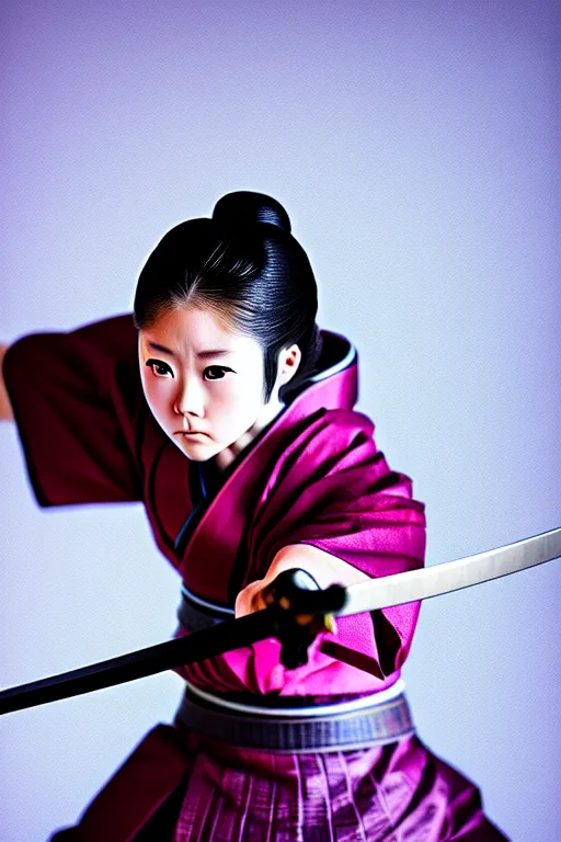 Image similar to highly detailed beautiful photo of a young female samurai, practising sword stances, symmetrical face, beautiful eyes, realistic anime art style, 8 k, award winning photo, pastels, action photography, 1 / 1 2 5 shutter speed, dramatic lighting