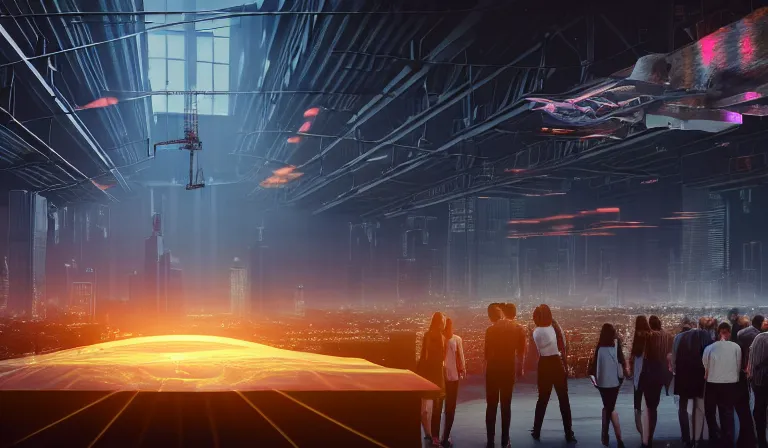 Image similar to group of people in simple warehouse, surrounding and looking at hologram of futuristic city on a table, cinematic concept art, godrays, golden hour, natural sunlight, 4 k, clear details, tabletop model buildings, center model buildings, hologram center, crane shot, crane shot, crane shot
