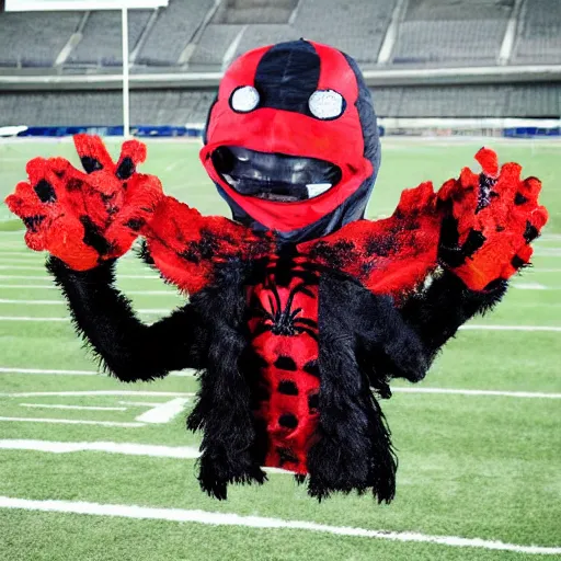 Prompt: sports team mascot, angry spider mascot costume, spider, the tarantulas, football mascot, anthropomorphic tarantula HD official photo, high quality costume