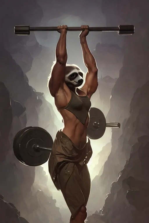 Image similar to anthro sloth lifting weights, dim dingy gym, dynamic pose, fantasy, intricate, elegant, highly detailed, digital painting, artstation, concept art, matte, sharp focus, illustration, art by artgerm and greg rutkowski and alphonse mucha