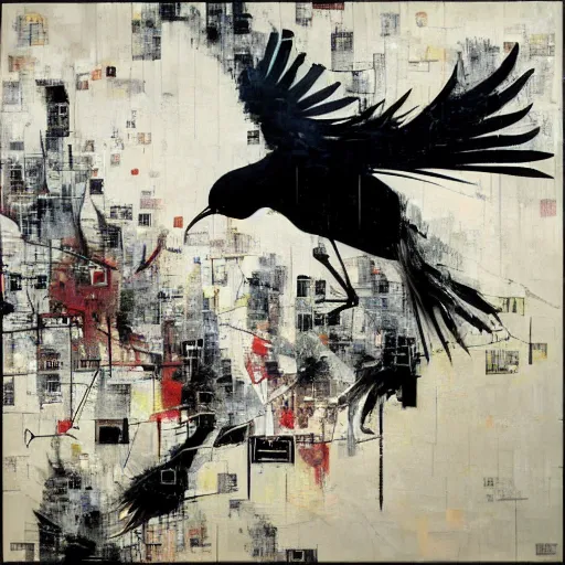 Prompt: a bird moving between urban informatics and computational social science, oil on canvas by dave mckean and yoji shinkawa