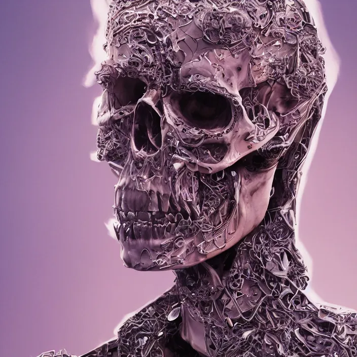 Image similar to portrait of rosie huntington-whiteley as a skull in a suit. intricate abstract. intricate artwork. nightmare fuel. by Tooth Wu, wlop, beeple, dan mumford. octane render, trending on artstation, greg rutkowski very coherent symmetrical artwork. cinematic, hyper realism, high detail, octane render, 8k, iridescent accents