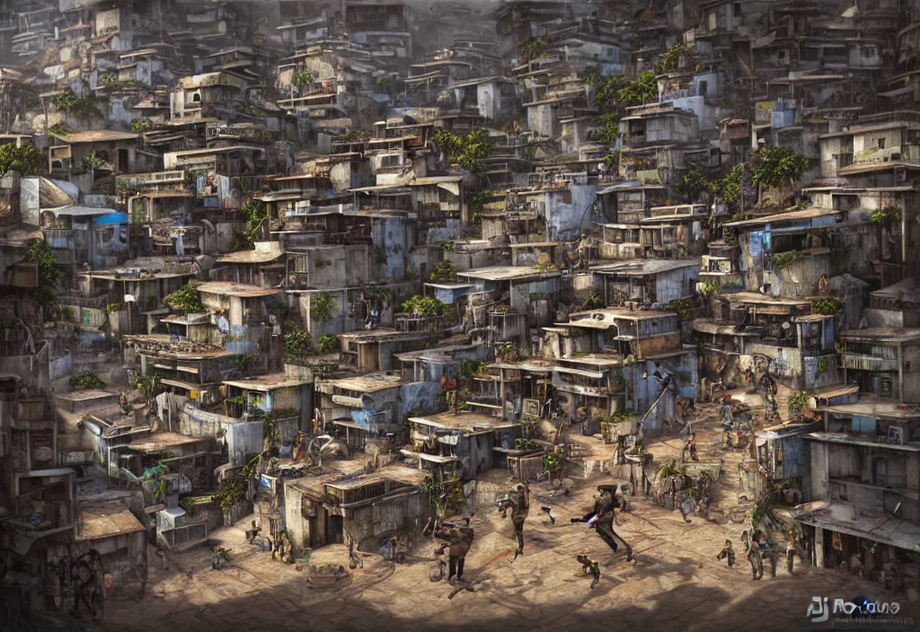 Image similar to photorealistic favela rio with precise rendered guns arsenal with intricate details of gun happy people in by Justin Gerard