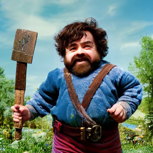 Image similar to a pudgy dwarf wearing blue overalls with full beard and a pocketful of gems holding a pickax, high resolution film still, HDR color, movie by Wolfgang Petersen and Peter Jackson