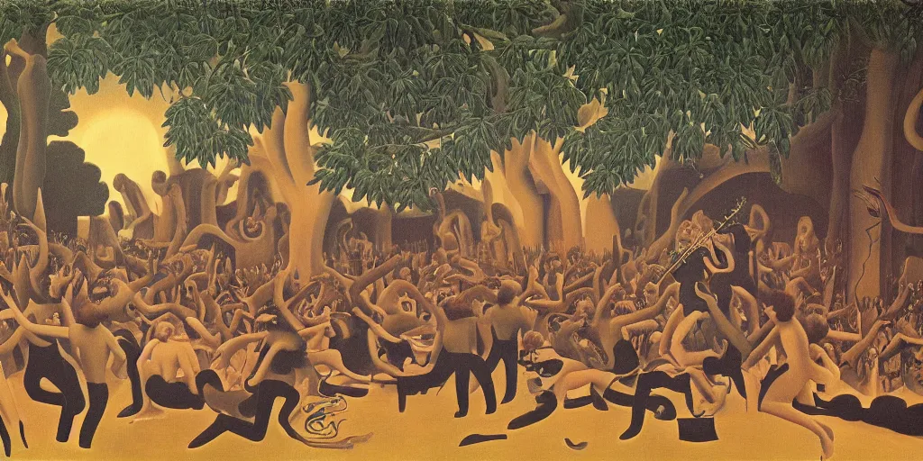 Prompt: a beautiful painting of Bad Religion playing a concert in Hell by Henri Rousseau 8k, 4k