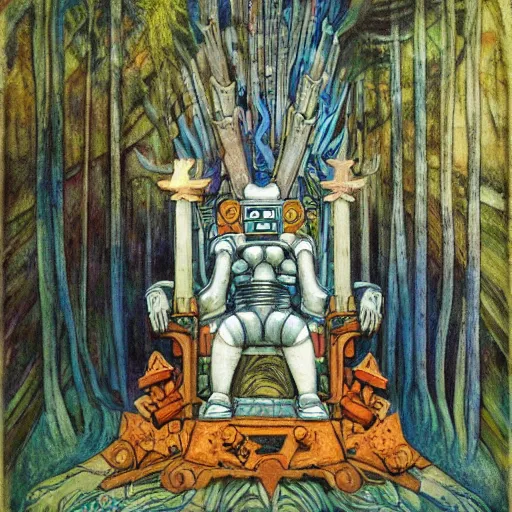 Image similar to robot seizes the forest throne, by Annie Swynnerton and Diego Rivera, symbolist, dramatic lighting, elaborate geometric ornament, tattoos, Art Brut, soft cool colors,smooth, sharp focus, extremely detailed
