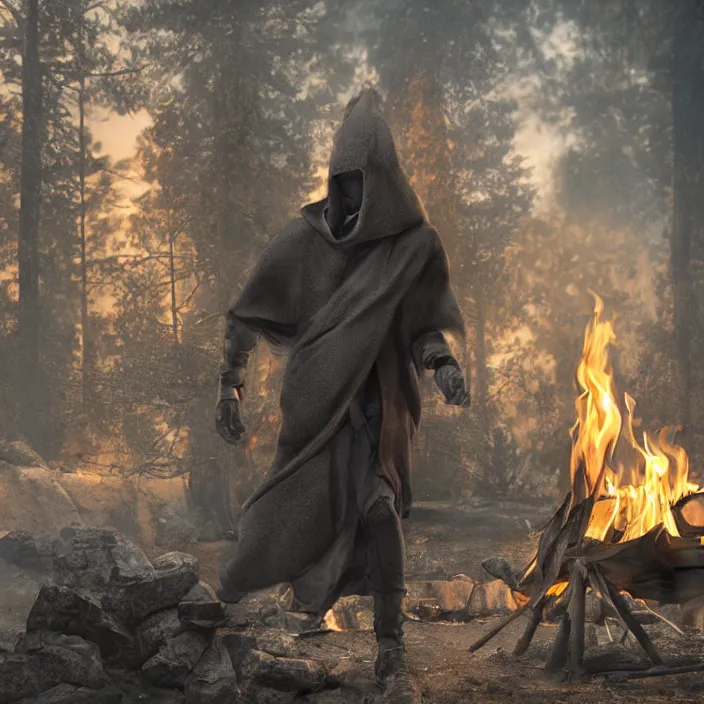 Prompt: hooded man smirking while dumping gas on a camp - fire, octane render, 4 k ultra hd, hyper - detailed, realistic, seedy lighting, sharp focus, fantasy dark art