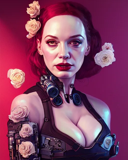 Image similar to portrait of christina hendricks with roses, cyberpunk cyborg. roses, sci - fi, intricate abstract upper body intricate artwork, by tooth wu, wlop, beeple, dan mumford. concept art, octane render, deviantart, greg rutkowski, cinematic arthouse, key art, hyper realism, iridescent accents