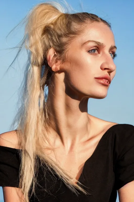 Image similar to vintage photograph of an olive skinned blonde female model in her twenties, her hair pinned up, wearing a designer top, looking content, focused on her neck, photo realistic, extreme detail skin, natural beauty, no filter, slr, golden hour, 4 k, high definition, selfie