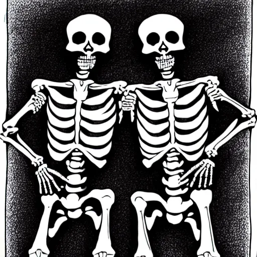 Prompt: two skeletons kneeling facing each other arms raised high five, ink pen, highly detailed, crosshatching
