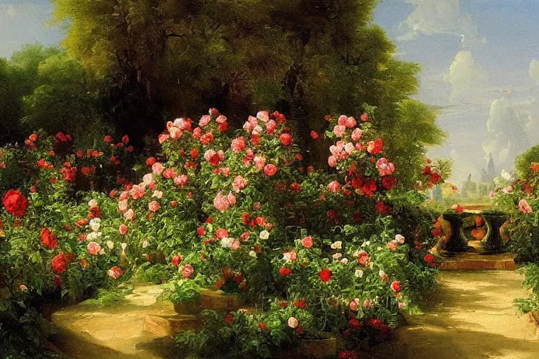 Prompt: A beautiful painting of a rose garden, Thomas Cole, oil on canvas