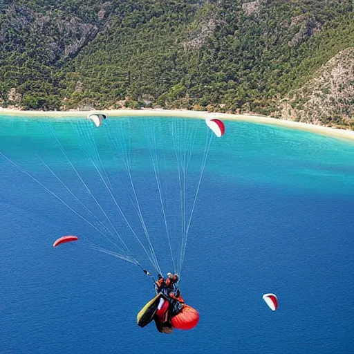 Image similar to recep tayyip erdogan is paragliding in oludeniz.