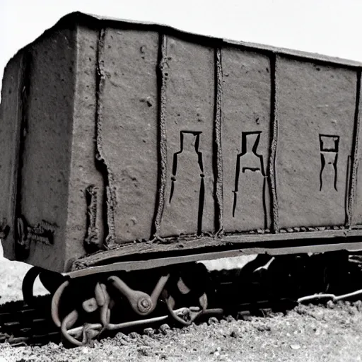 Image similar to boxcar made of human flesh and bone, highly detailed, artifact exhibit, War Photography, by H.R. Giger