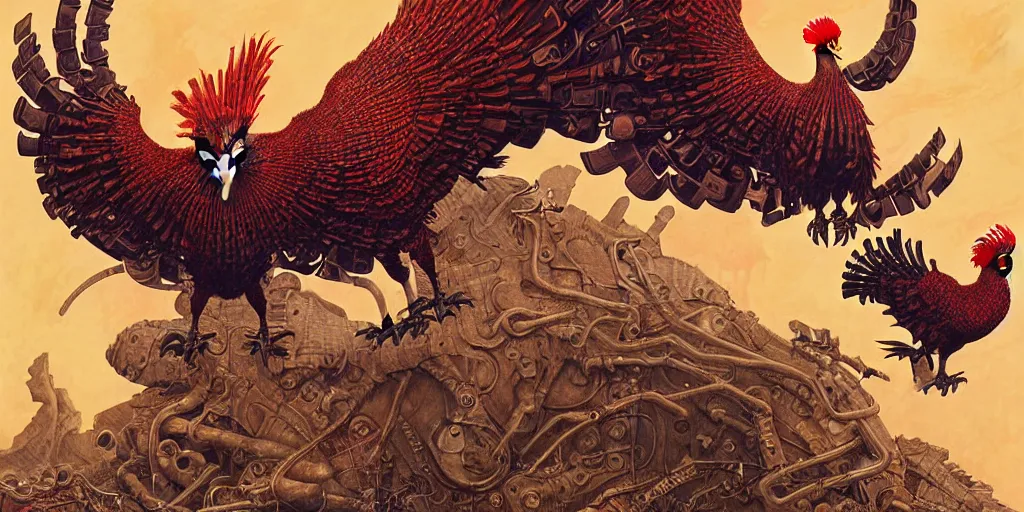 Image similar to digital painting of angry mechanical roosters fighting, by wayne barlowe and bob pepper and karl wilhelm de hamilton, dieselpunk, steampunk, highly detailed, intricate, sharp focus, portrait, talons, anatomy, beak, wings