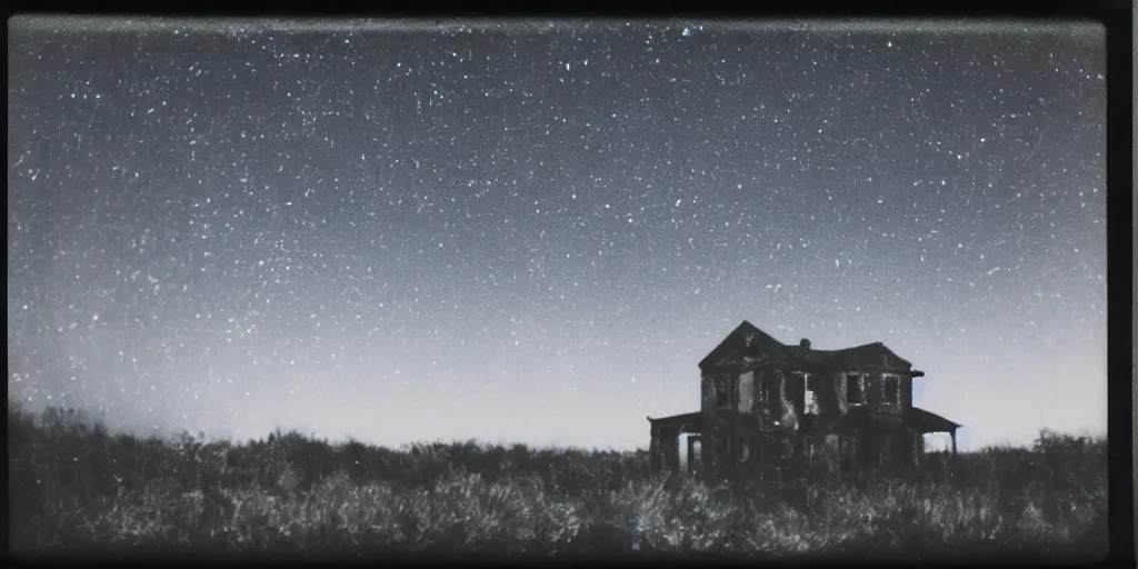 Image similar to polaroid photo of an abandoned house on a wasteland, colourful starry sky, slight color bleed, grain