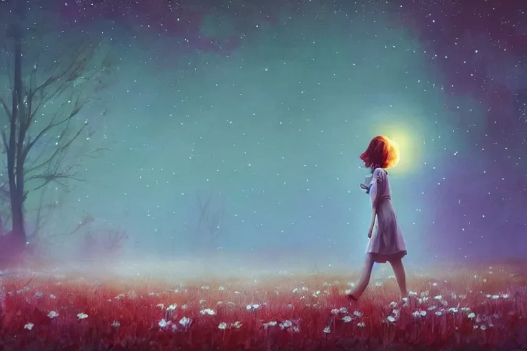 Image similar to huge daisy flower over head, girl walking in forest, surreal photography, dark night, stars, moon light, impressionist painting, clouds, digital painting, artstation, simon stalenhag