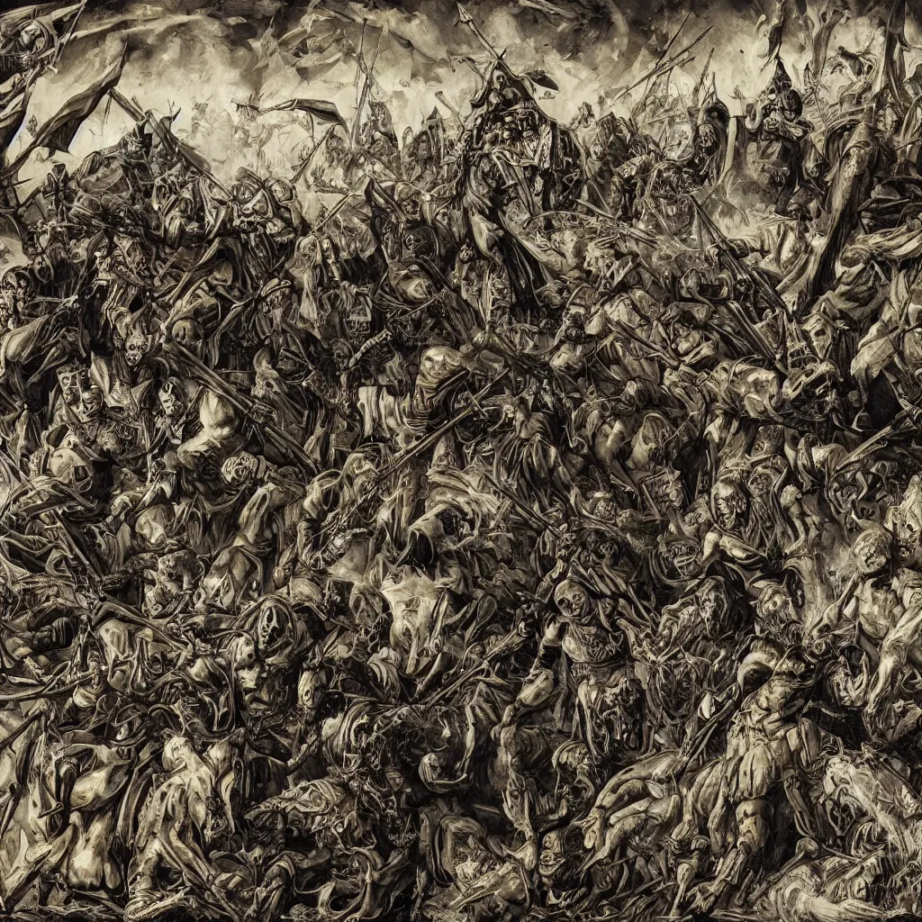 Image similar to a visualization of the apocalypse. death, famine, war, conquest, style of zdislaw beksinksi