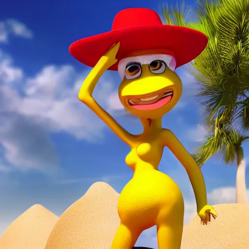 Image similar to 3 d octane render, of a hot anthropomorphic lemon female character inspired by dalle 2 generations, with lemon skin texture, she is wearing a hat, building a sandcastle on the beach at sunset, beach, huge waves, sun, clouds, long violet and green trees, rim light, cinematic photography, professional, sand, sandcastle, volumetric lightening