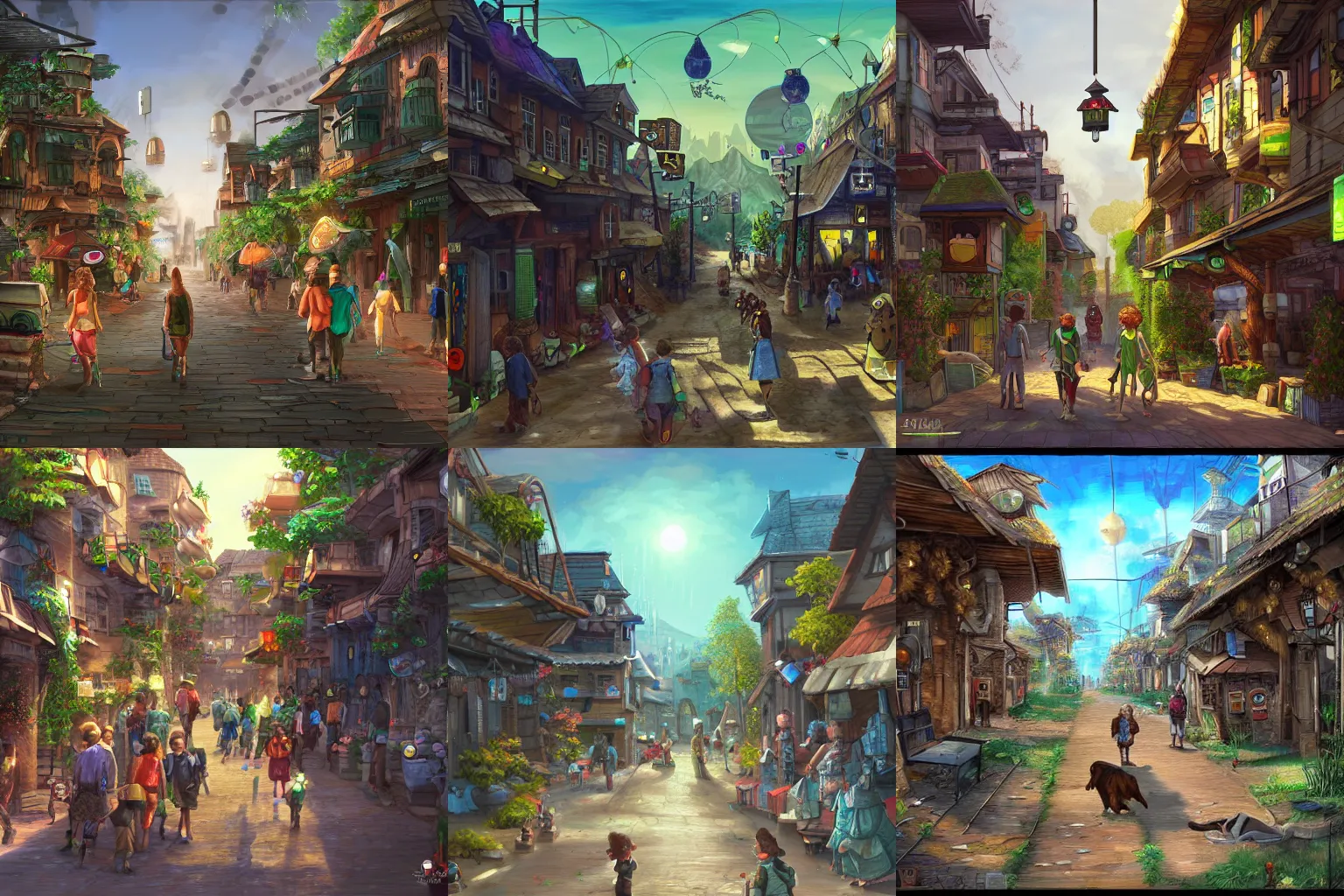 Prompt: Solarpunk style village with people, animals and robots walking through the streets. Street level view. Detailed, digital painting trending on art station.