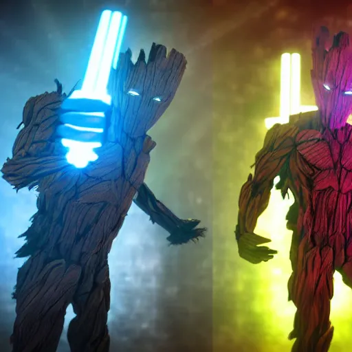 Prompt: groot and optimus prime dancing at techno party among people, wide shoot, after effect, ultra realistic 3 d