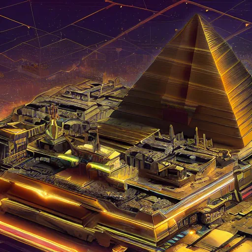 Prompt: a scene of the beautiful intricate epic futuristic pharaoh city with the cyber sphinx of giza, hovering cyber pyramid, hyper detailed, cinematic lighting