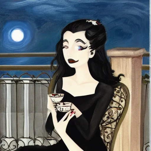 Prompt: An elegant vampire girl sips tea on the balcony of a mansion overlooking a night ocean, painting, gothic