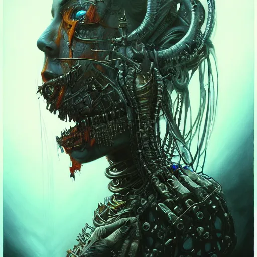 Image similar to a portrait of a beautiful biomechanical queen of the damned, sci-fi concept art by giger and beksinski and szukalski and wlop and pete mohrbacher, digital art, highly detailed, intricate, horror, sharp focus, Trending on Artstation HQ, deviantart, unreal engine 5, 4K UHD image