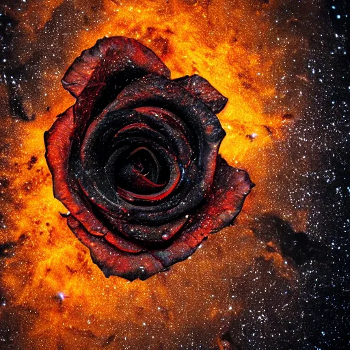 Image similar to award - winning macro of a beautiful black rose made of molten magma and nebulae on black background by harold davis, georgia o'keeffe and harold feinstein, highly detailed, hyper - realistic, strong inner glow and mist, trending on deviantart, artstation and flickr, nasa space photography, national geographic