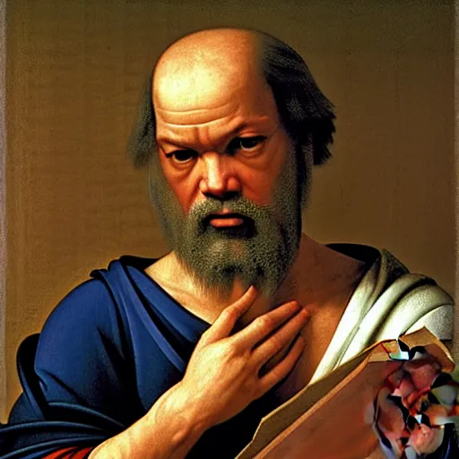 Image similar to socrates wearing a virtual reality headset, renaissance painting