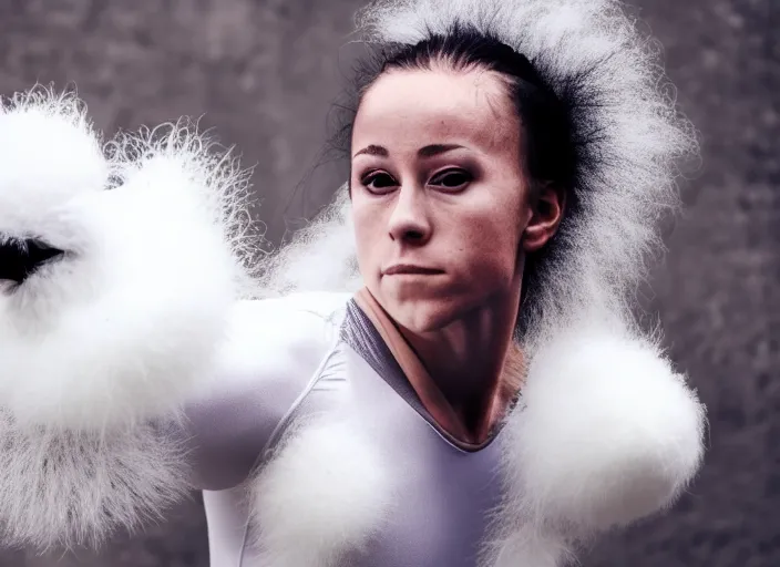 Image similar to realistic photo of the woman gymnast sports team white cotton fluffy bird white carnival costumes shorts, fluffy pigeon head face portrait, wood in autumn, grey dusk sky with black clouds 1 9 9 0, life magazine reportage photo,