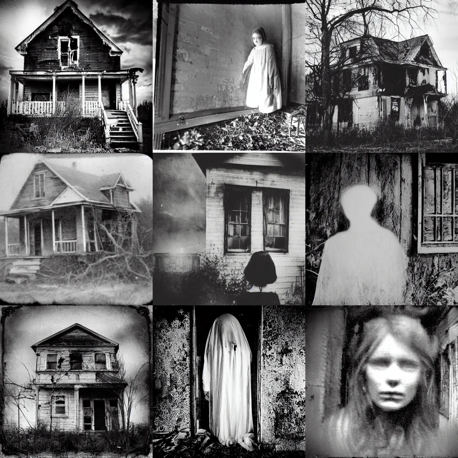 Prompt: black and white old photo of a ghostly girl on an abandoned house, creepy, found footage, horror, cosmic horror