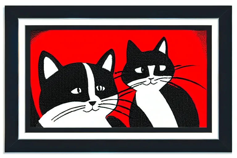 Image similar to side view of cats, framed photo hanging above couch, carl barks, cross hatching, red and black