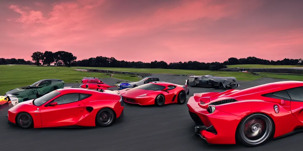 Image similar to cinematic fast sportscar reminiscent of toyota, ferrari and porsche in a lush field, shiny, red, beautiful lighting, photorealistic, sharp, sunset, by scott robertson