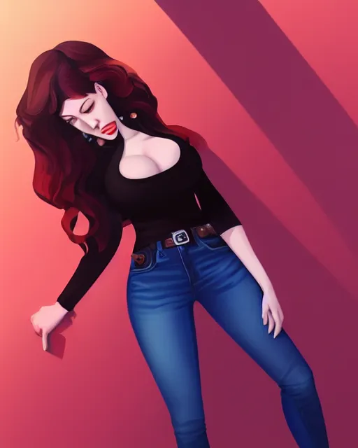 Image similar to kat dennings christina hendricks jennifer tilly, wearing jeans, by wlop and ilya kuvshinov and artgerm, gorgeous, stunning, alluring, artstation, deviantart, digital art