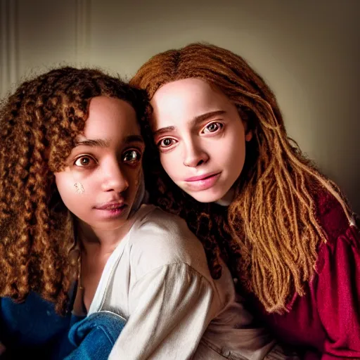 Prompt: intricate beautiful hyperreal portrait of a hermione granger and hermione granger, smiling softly, casual clothes, relaxing on the couch, home interior, golden hour, close up shot, 8 k, art by irakli nadar, hyperrealism, hyperdetailed, ultra realistic