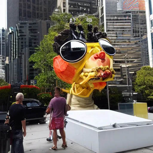 Image similar to 5 0 ft high jeff koons sculpture of jeff goldblum eating a chimichanga