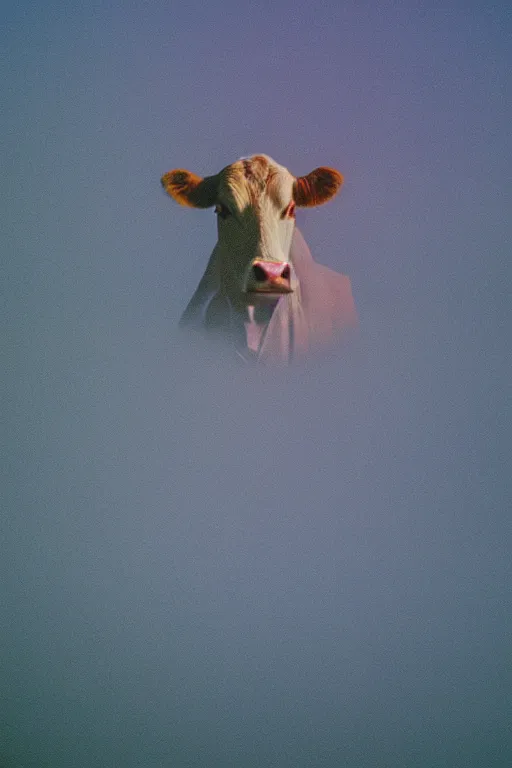 Image similar to film color photography, close-up cow face in the blue fog at the lawn, no focus, mountains in distance, 35mm