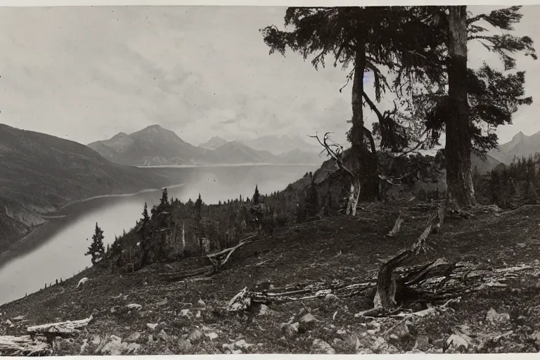 Prompt: very old photo of a landscape of mountains with lake and a dead tree in the foreground, , 1920