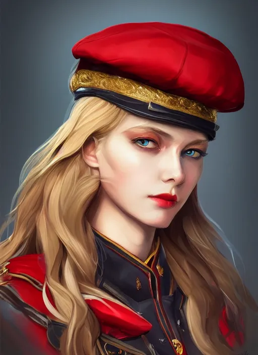 Prompt: a highly detailed illustration of beautiful long dirty blonde haired pale girl wearing red epaulette uniform, wearing beret, red eyes, dramatic seductive pose, intricate, elegant, highly detailed, centered, digital painting, artstation, concept art, smooth, sharp focus, league of legends concept art, WLOP