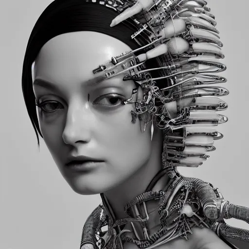 Prompt: closeup portrait of an absurdly beautiful, graceful, sophisticated, fashionable cyberpunk mechanoid gravure idol, an ultrafine hyperdetailed illustration by irakli nadar, matt wisniewski style, fashion photography, intricate linework, porcelain skin, jellyfish headdress, unreal engine 5 highly rendered, global illumination, radiant light, detailed and intricate environment