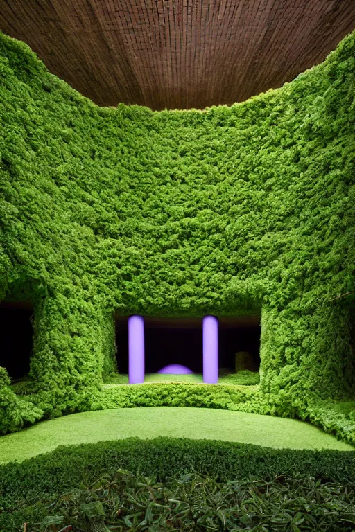 Prompt: colorful James Turrell interiors , overgrown by kudzu vines