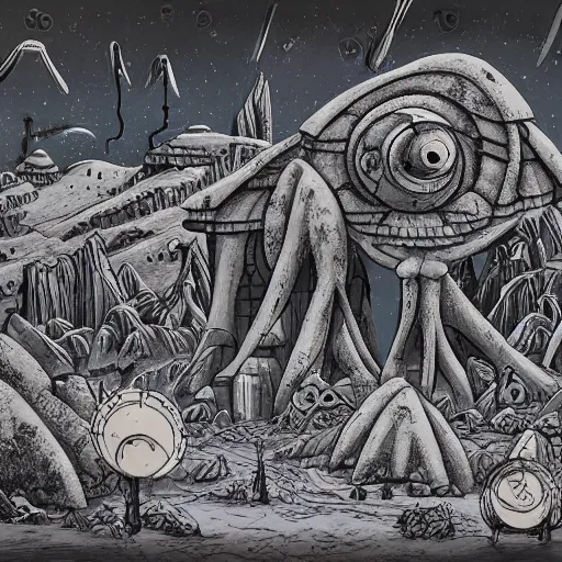 Image similar to extraterrestrial tribe village on ancient post - apocalyptic planet, jim henson creature shop, fantastic planet, illustration