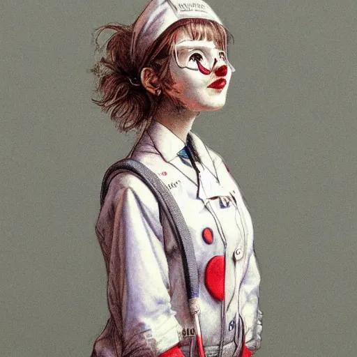 Image similar to clowncore pastel punk young hospital nurse wearing stylish uniform. detailed, portrait, 8 k, artwork by jean - baptiste monge