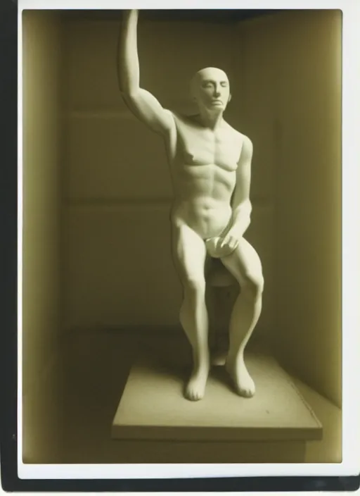 Image similar to an android with an adult male human looking face is the thinker by auguste rodin, polaroid, flash photography, photo taken in a back storage room where you can see empty shelves in the background,