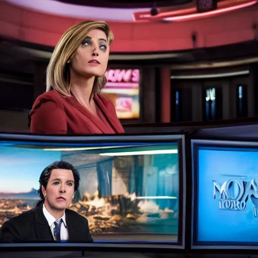 Prompt: cinematic movie still of a fox news anchorwoman reporting from mordor, lord of the rings movie, by daniella zalcman, directed by peter jackson, highly detailed, canon eos r 3, f / 1. 4, iso 2 0 0, 1 / 1 6 0 s, 8 k, raw, symmetrical balance