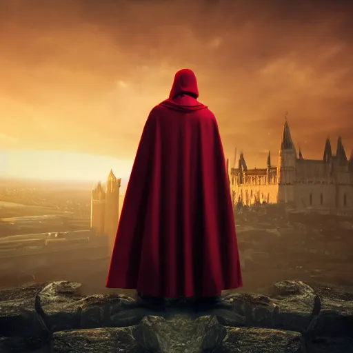 Image similar to man wearing a cloak and holding two red daggers, cinematic, sunset, medieval city background, 4 k
