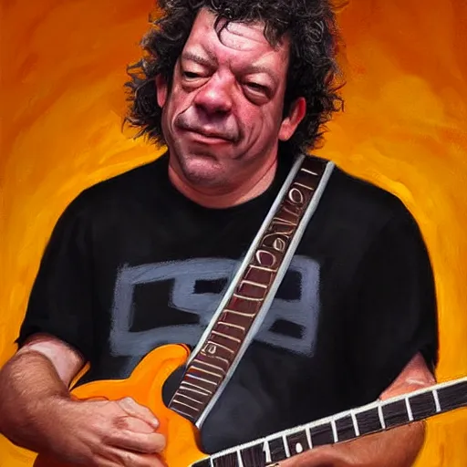 Image similar to Caricature portraits done of Dean Ween playing a guitar live on stage, realistic, hyperrealistic, very realistic, highly detailed, very detailed, extremely detailed, detailed, oil painting, digital art, trending on artstation