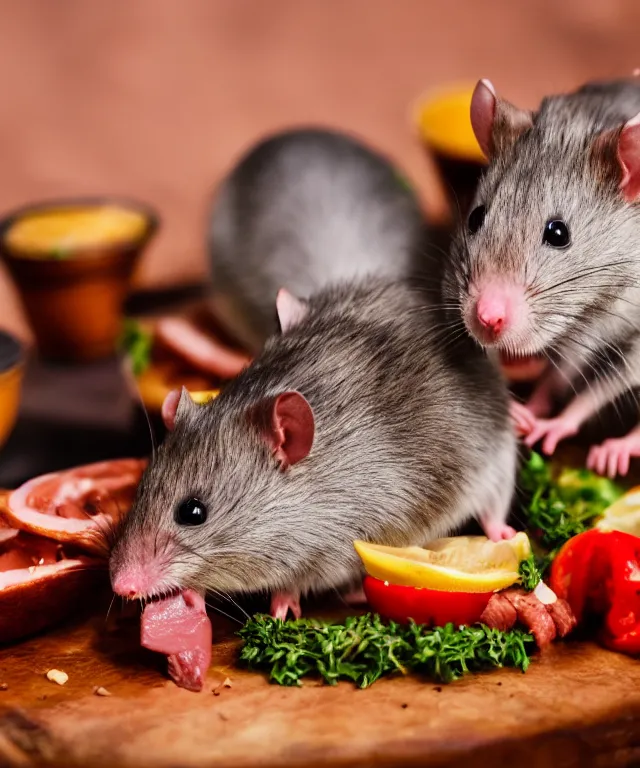 Image similar to high quality presentation photo of vicious anthropomorphic rats eating meat, photography 4k f1.8 anamorphic bokeh 4k Canon Nikon